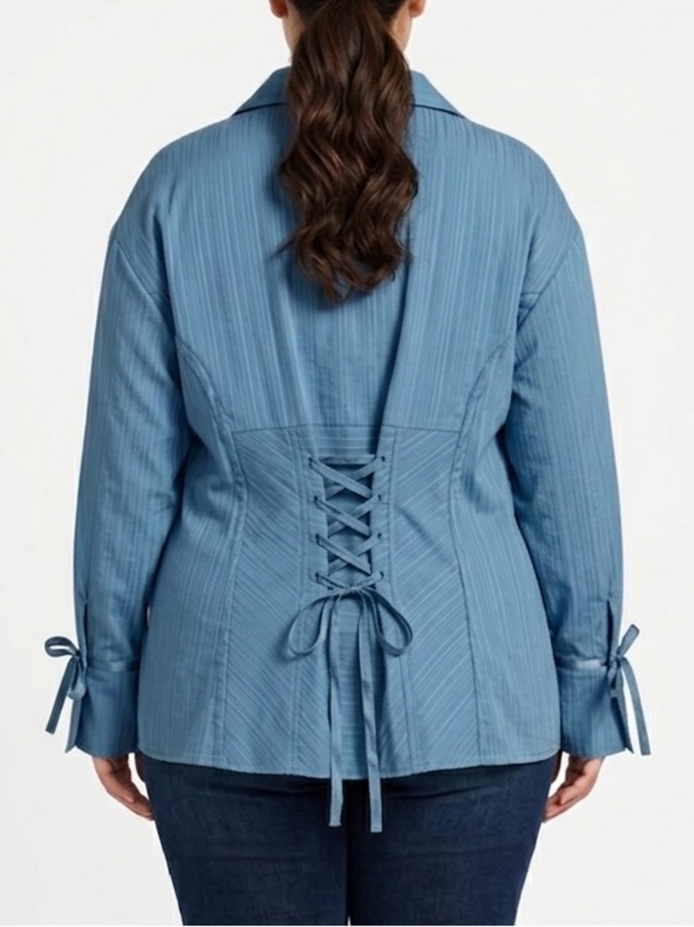 PENNINGTONS Blue Lace Up Back Button Down Blouse V Neck Ribbon Plus Size 24